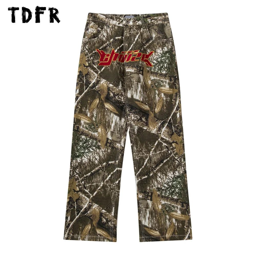 Letter Embroidery Cargo Pants Mens Camouflage Casual Safari Style Elastic Waist Loose Straight Wide Leg Trousers Men