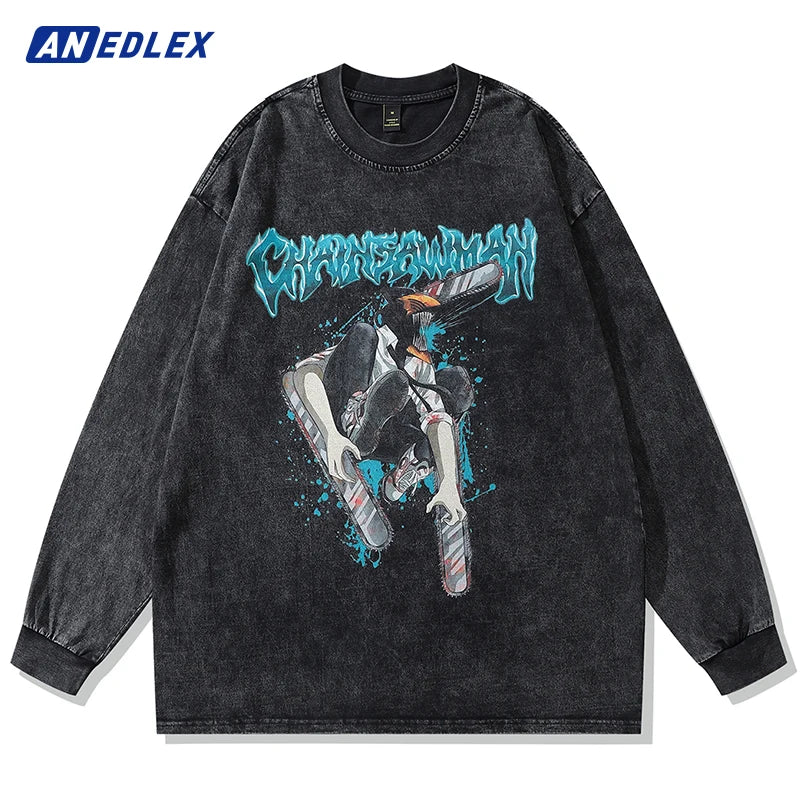 Hip Hop Streetwear Black Washed T Shirt Harajuku Japanese Anime Print T-Shirt Men Fashion Long Sleeve Cotton Vintage Tshirt