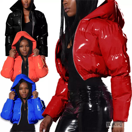 Fashion Cute Women Bright PU Pink Puffer Jacket Winter Warm Bubble Coats Shiny Leather Parkas Down Zipper Cropped Jackets Parkas