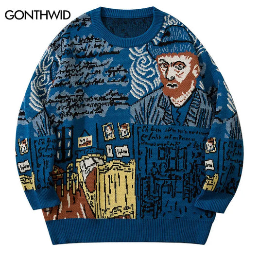 Vintage Sweater Streetwear Hip Hop Knitted Retro Van Gogh Jumper 2023 Harajuku Punk Goth Sweater Fashion Loose Pullover Y2K Blue