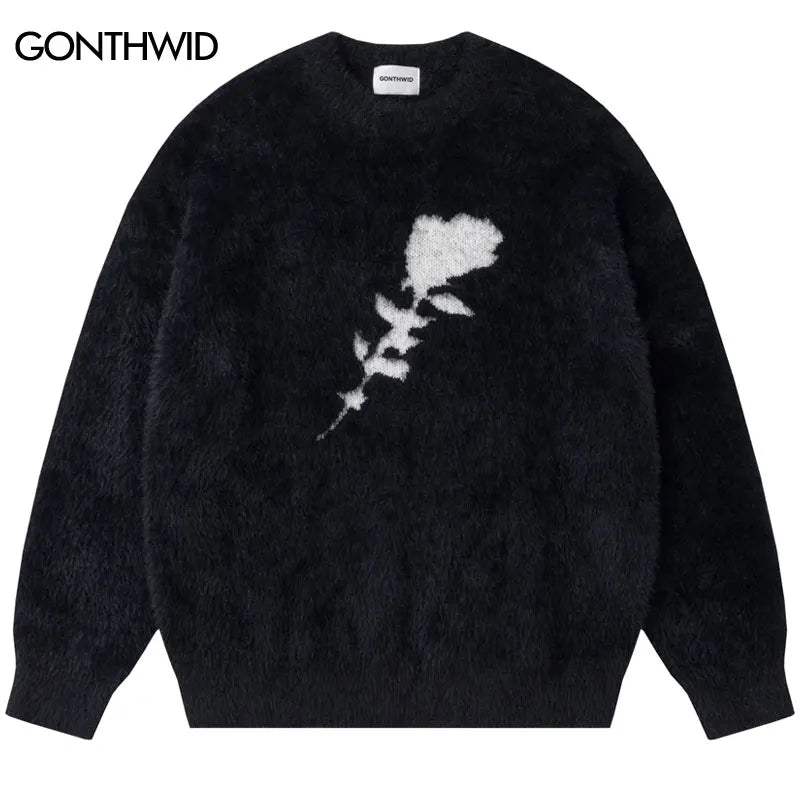 Harajuku Rose Black Sweater Y2K Hip Hop Knitted Fluffy Fuzzy Mohair Pullover Jumper Streetwear 2023 Men Fashion Knitwear Sweater