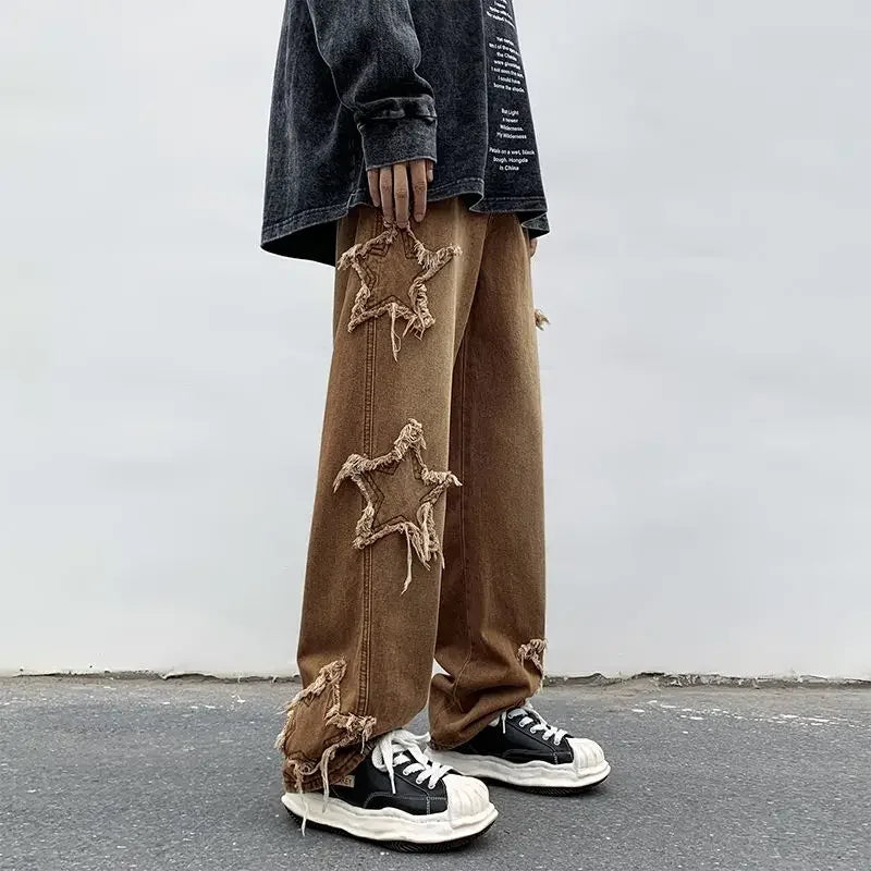 American Fashion Stars Patchwork Embroidery Jeans Oversize Baggy Men Pants Y2K Clothes Straight Hip Hop Trousers Streetwear