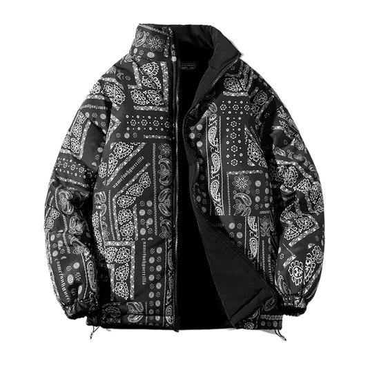 Hip Hop Paisley Puffer Jacket Winter Down Bubble Coat Double-sided Wear Warm Oversize Bandana Jacket Outerwear Unisex Parkas Top