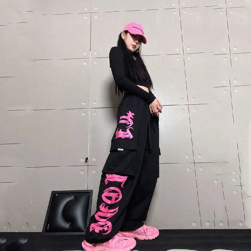 Retro Multi-Pocket Black Rose Pink Printed Overalls Trousers Female Personality Street Hip-Hop Loose Casual Dancing Sports Pants