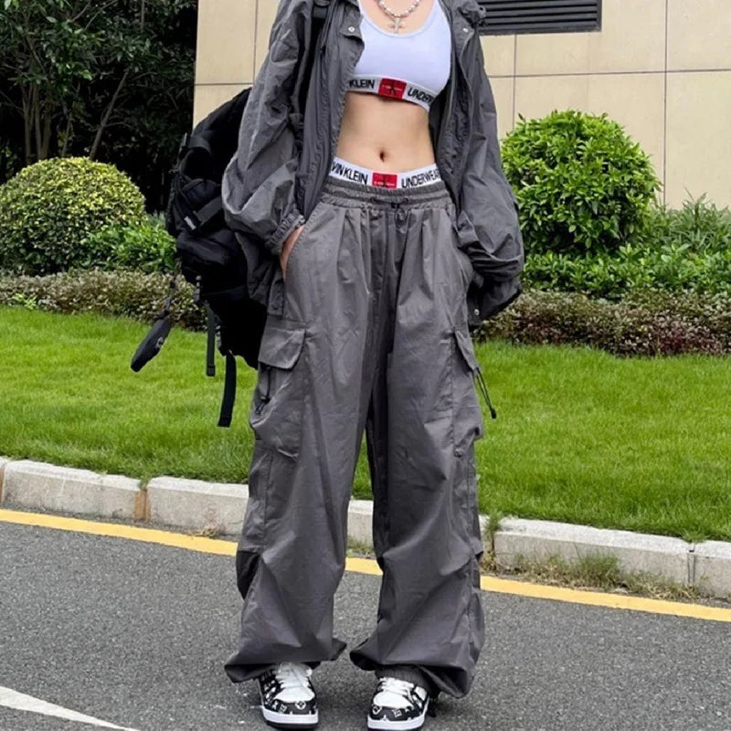 Y2K Streetwear Cargo Pants Women Casual Vintage Baggy Wide Leg Straight Trousers Jogger Big Pockets Oversize Overalls Sweatpants