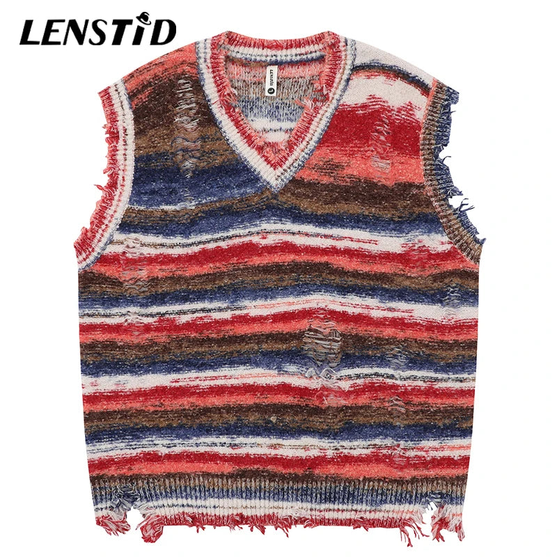 Autumn Men Sleeveless Knitted Jumper Sweaters Hip Hop Ripped Striped Knitwear Vests Streetwear Harajuku Fashion Casual Pullovers