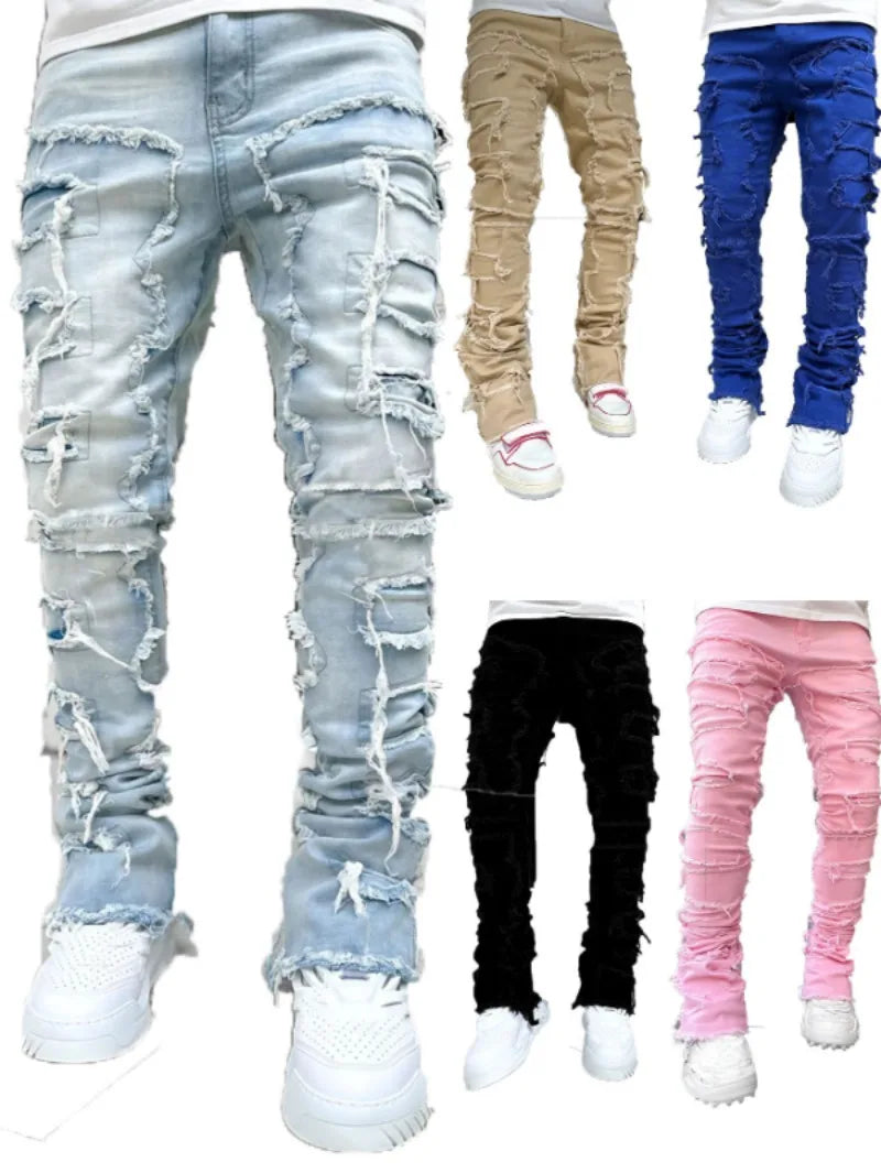 European and American street fashion ins hot style elastic patch denim straight-leg pants new men's fashion retro denim trousers