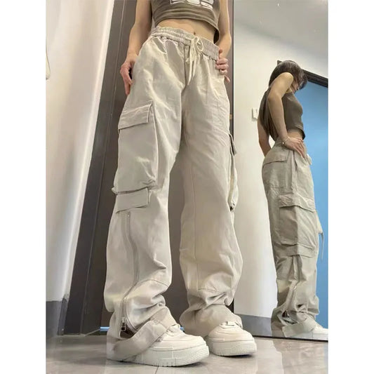 Women Big Pockets Cargo Pants Y2k High Elastic Waist Drawstring Baggy Trousers Vintage Casual Loose Side Zipper Straight Pants