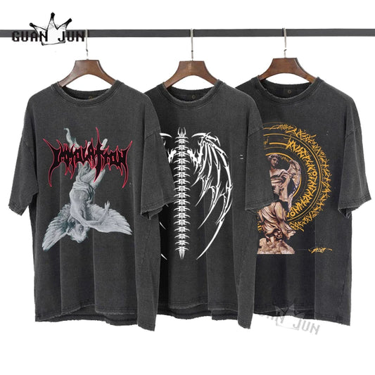 Men T Shirt Hip Hop 2022 Dark Streetwear Tshirt Devil Skull Wing Harajuku Short Sleeve T-Shirt Cotton Punk Tees Oversize Tops