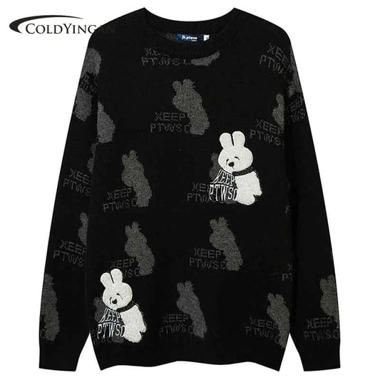 Color Block Knitted Sweaters Men Women Cartoon Rabbit Pattern Loose Jumpers Hip Hop Streetwear Casual College Knitwear Pullover