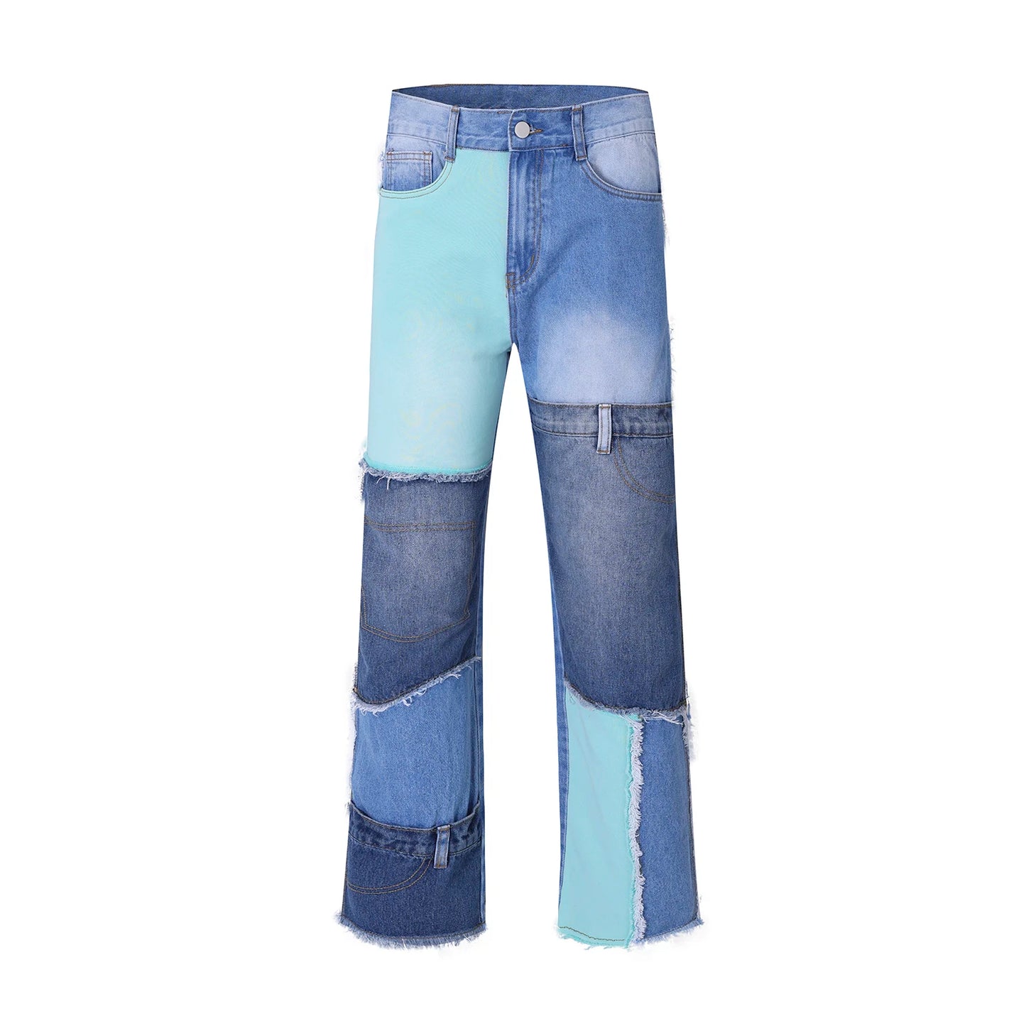 Retro Denim Color Blocked Patchwork Micro Horn Jeans Mens Streetwear Straight Casual Denim Trousers Hip Hop Beggar Pants Women