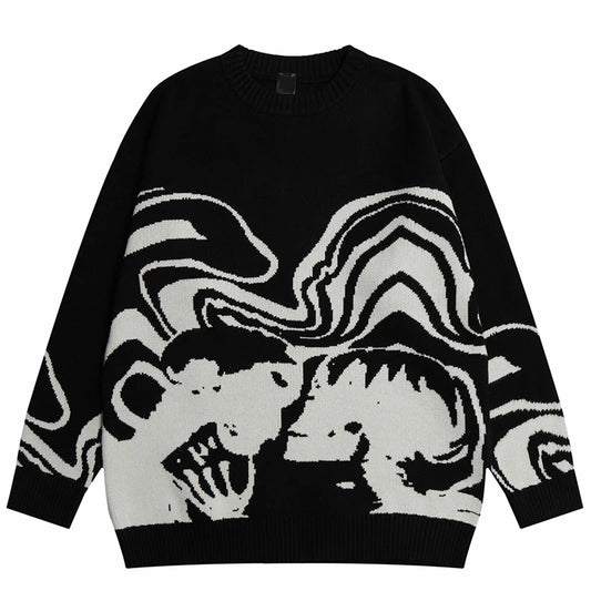 2000s Autumn Hip Hop Graphic Streetwear Knitt Black White Sweater Pullover Harajuku Sweater Cotton Goth Skull Y2K women Pullover