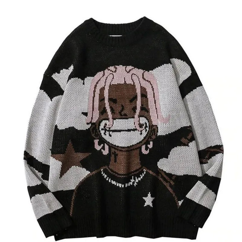 Harajuku Retro Cartoon Round Neck Anime Knit Sweater Men and Women Autumn Winter Oversized men Rock Hip Hop Street Pullover Swea