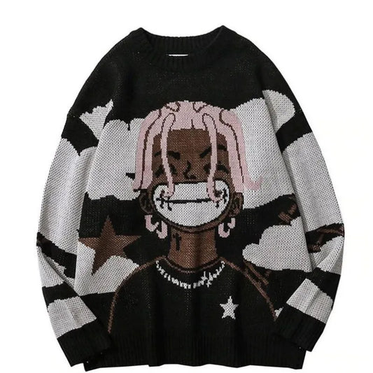 Harajuku Retro Cartoon Round Neck Anime Knit Sweater Men and Women Autumn Winter Oversized men Rock Hip Hop Street Pullover Swea