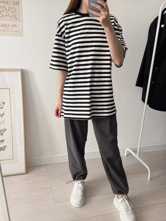 T-shirt women's summer thin section 2022 new loose cotton green striped women's top clothes Harajuku style