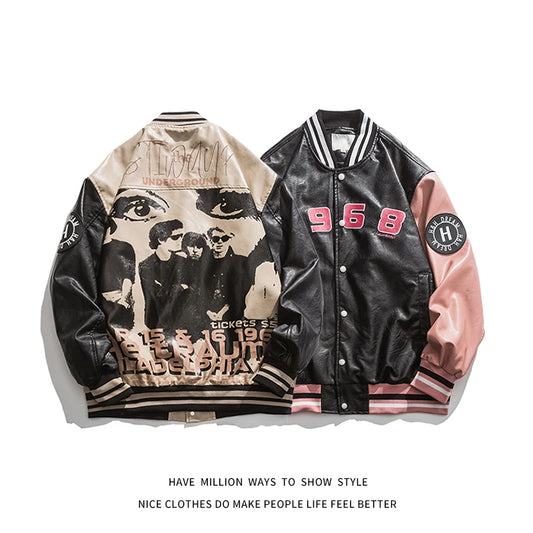 Streetwear Letter Embroid Motorcycle PU Leather Jacket Men's Baseball Bomber Coat Unisex Women's Oversize Varsity Vintage Chic