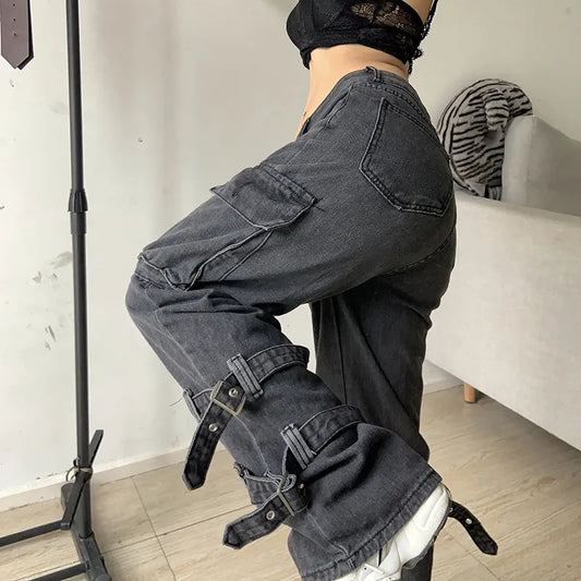 Goth Chic Low Waist Jean Retro Grunge Oversized Women's Fashion Streetwear Harajuku Strap Pocket Retro Skinny Jean denim joggers