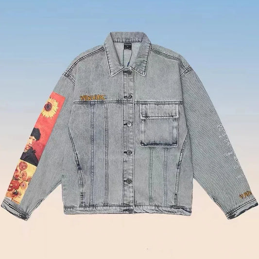 Van Gogh Embroidery Men Denim Jacket Hip Hop Kanye Harajuku Gengar Human Made Kapital Coat Oversized Varsity Jacket Chaquetas