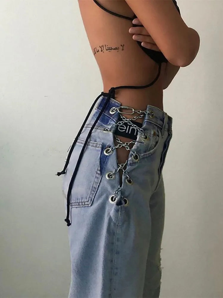 SEASONS Side Cross Chain Hollow Out Wide-leg Women's Jeans High Waist Pants Sexy Elegant Ladies Europe Fashion Jeans ASPA80826