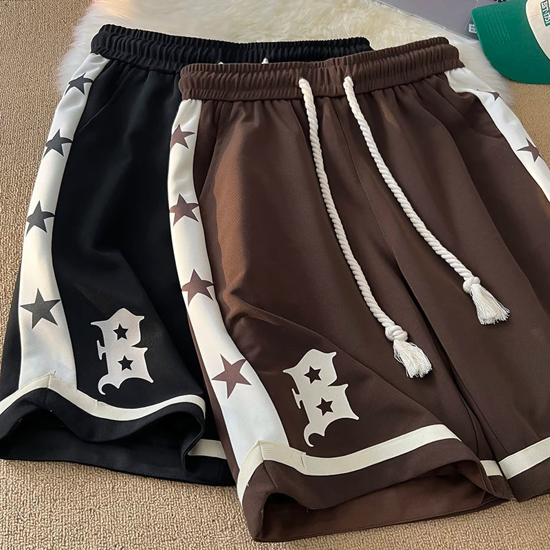 2023 New Summer Men's Shorts American Retro Letter Print Drawstring Sweatshorts Hip Hop Streetwear 5XL Plus Size Male Baggy