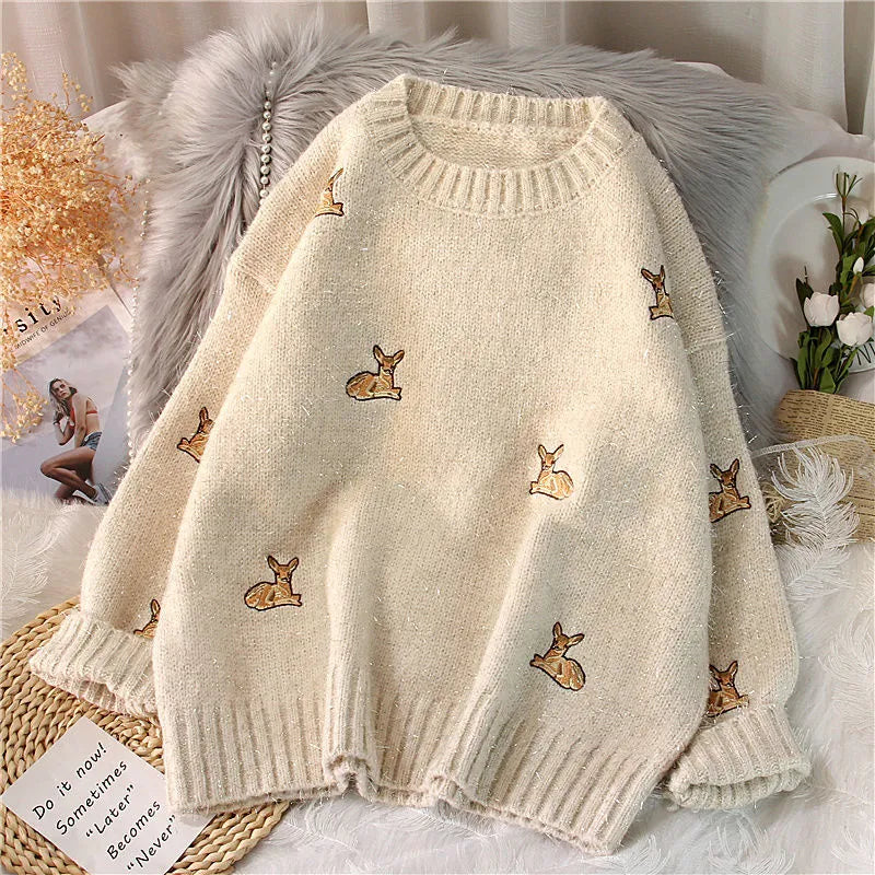 New Women's Kawaii Sweater Ulzzang Vintage College Deer Embroidery Jumpers Female Korean Thick Cute Loose Harajuku Pullovers