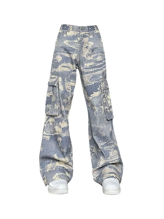 Japanese Streetwear Tie Dyed Cargo Pants Harajuku Fashion Baggy Wide Pants Hiphop Chic Blue Loose Casual Long Trousers Clubwear