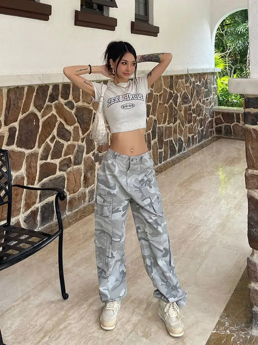 Women Casual Gray Camouflage Cargo Pants Y2K Spring Autumn 2023 Mid Waist Wide Leg Pockets Trousers Baggy Streetwear HipHop Pant