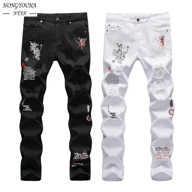 Embroidery Letters White jeans for Mens Spring Autumn Black Ripped Cowboy Pants Character Zipper Denim Hip Hop Trousers Male