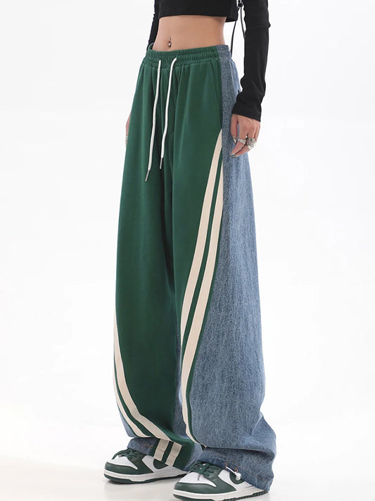 Women Vintage Patchwork Contrast Color Wide Leg Pants Hip Hop Streetwear Baggy Pants Drawstring Cargo Pants Casual Feamle Y2K