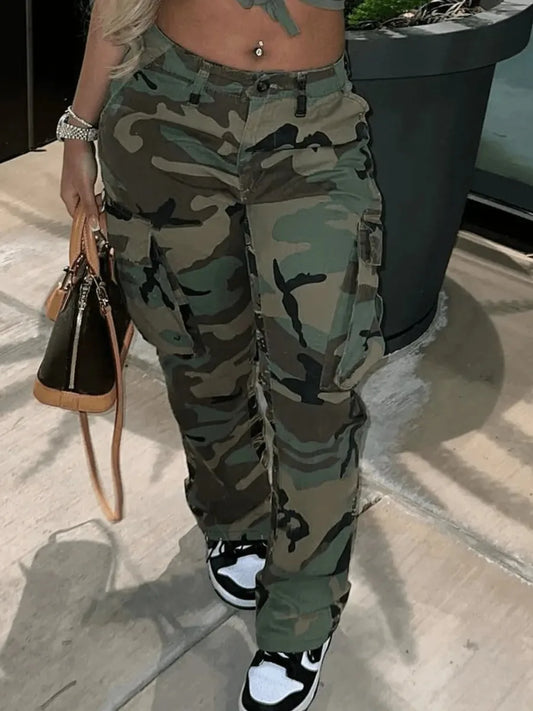 LW Plus Size Camo Print Side Pocket Cargo Pants camouflage Mid Waist Casual women Camo Pants Regular leisure lady Pants