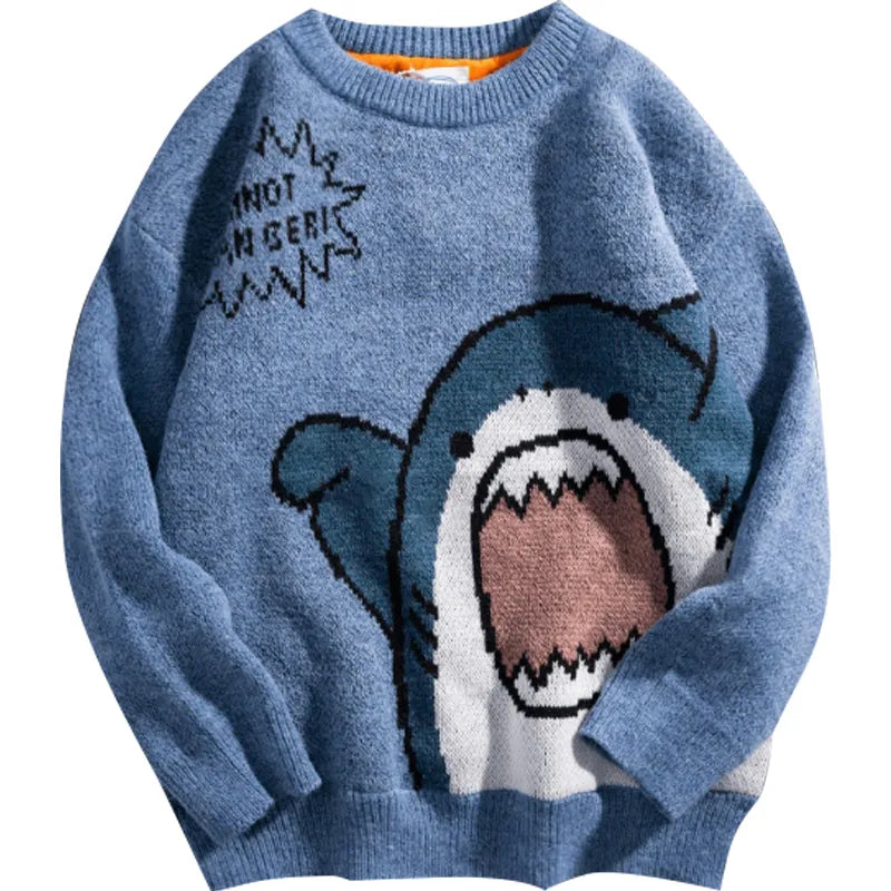 Shark Sweater Men Winter Cartoon Harajuku Korean Y2k Oversized Turtleneck Hip Hop Loose Knit Jumper Pullover High Collar Sweater