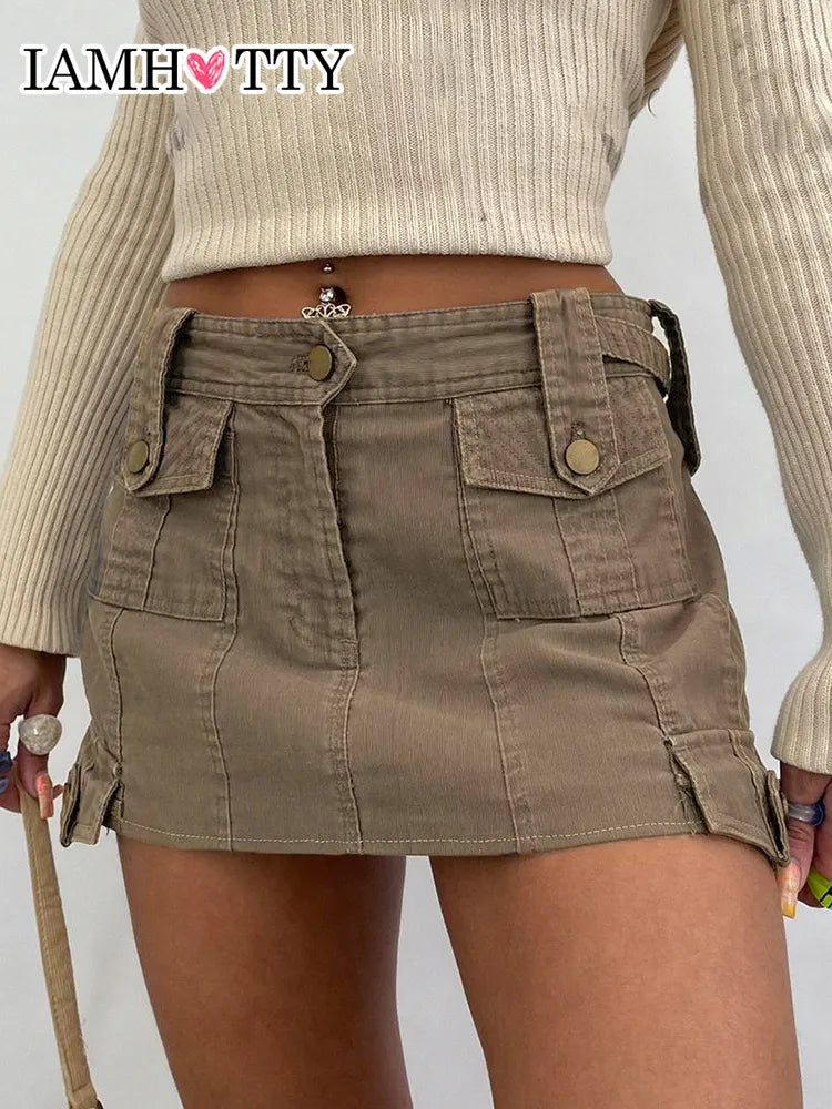 IAMHOTTY Grunge y2k Cargo Denim Skirt Khaki High Waist Vintage Multi Pockets Straight Casual Jean Skirts Korean Style Streetwear