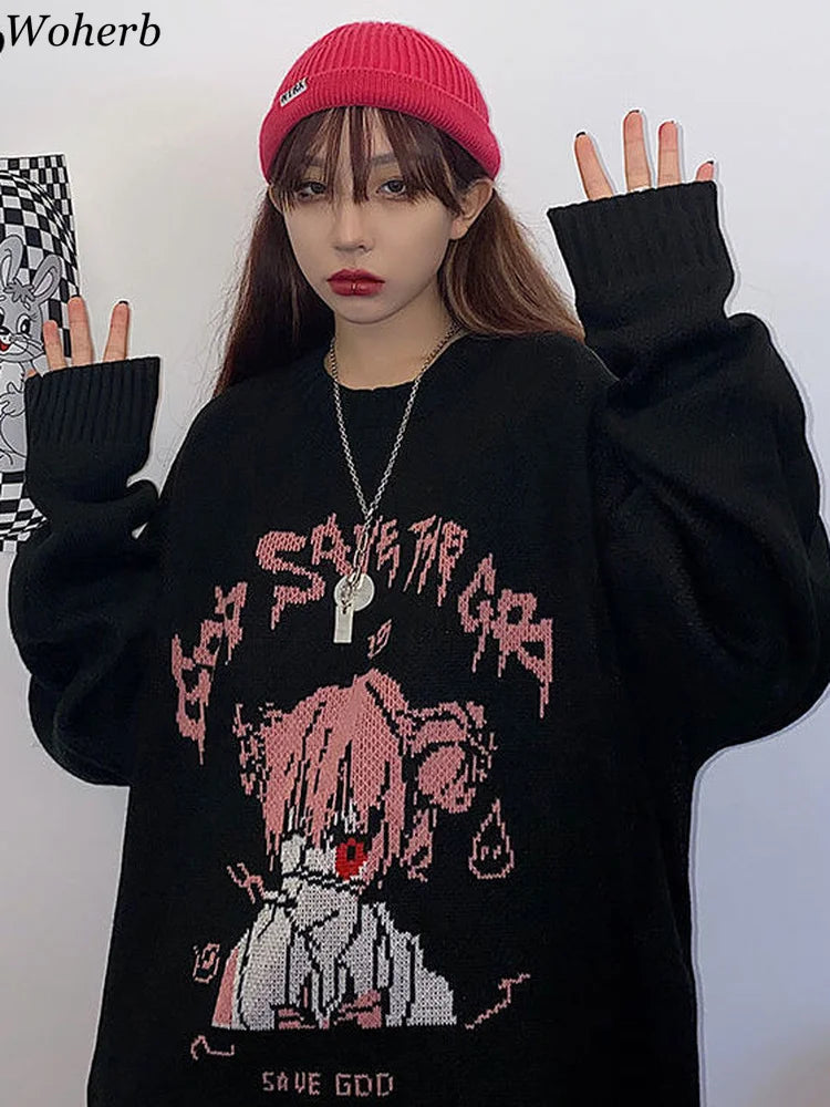 Woherb Black Sweater Women Harajuku Cartoon Girl Print Knitted Pullover 2023 Y2k Fashion Pull Femme Punk Korean Ulzzang Jumper