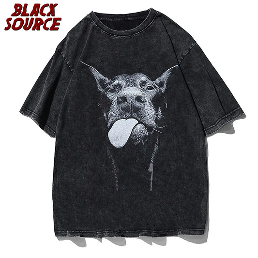 Men Gothic T-shirts Hip Hop Streetwear Letter Dog Printed Punk Tops Summer Vintage Washed Oversized Short Sleeve T Shirts